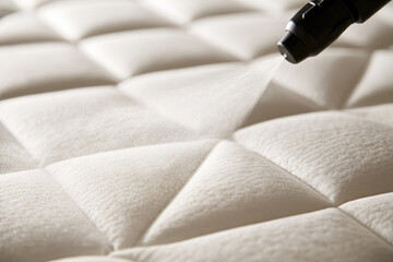 Naklejka premium Mattress cleaning mist spraying across white diamond quilted fabric, creating fine droplets for deep antibacterial care in bright contemporary bedroom setting with crisp texture and shallow focus