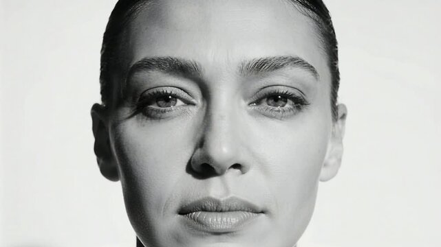 Pulling back camera revealing female face in studio, highlighting groomed eyebrows and eyelashes