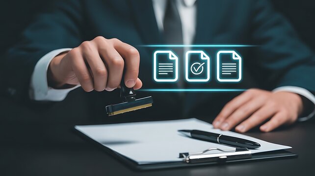 Businessman using a rubber stamp on a document with digital of files and a check mark representing approval, compliance, and legal verification