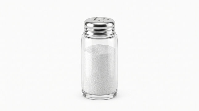 Ultra-realistic small clear glass salt shaker containing fine white salt crystals, polished silver perforated cap, cylindrical body and natural glass reflections, centered upright kitchen product