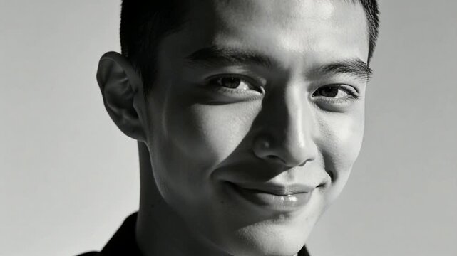 Shifting on camera roll, man in dark top smiling, engaging camera, studio key light, gray backdrop