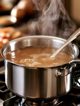 Soup boiling in stainless steel pot on stove