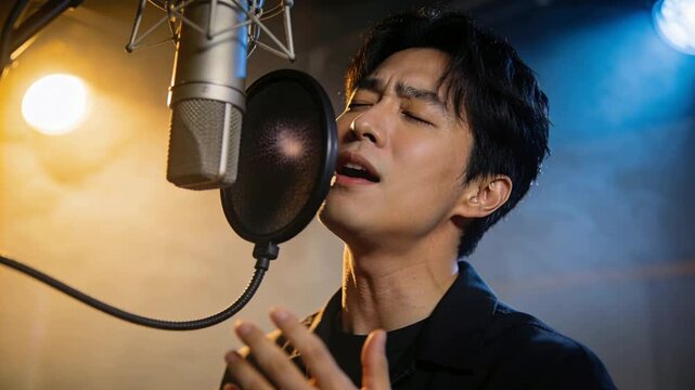 Singing vocalist wearing dark jacket, responding to record cue in studio booth with mic, pop filter
