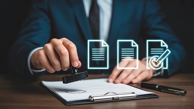 Businessman stamping a document with digital file and a check mark symbol representing official approval, legal compliance, and business process