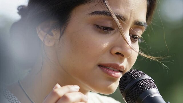 Opening camera on closeup, female singer breathing, singing into mic at garden, sunlight