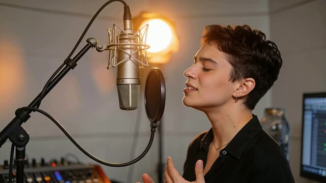 Singing singer in dark shirt delivering recording take in booth after record cue