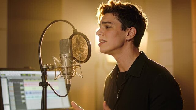 Recording take starting, male vocalist singing into condenser microphone at studio