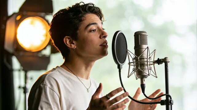 Breathing in vocalist holding note during studio recording, leaning into studio mic with pop filter