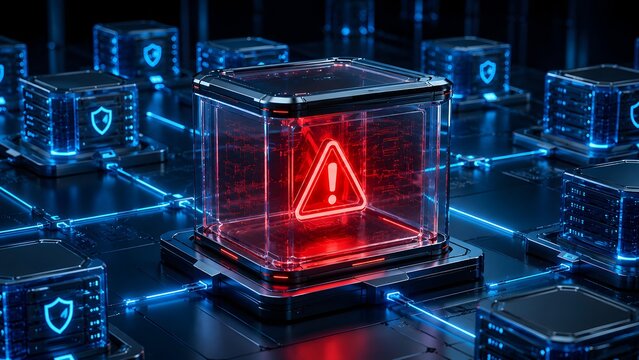 Infected server node with glowing red warning sign quarantined within a secure blue network of protected data cubes