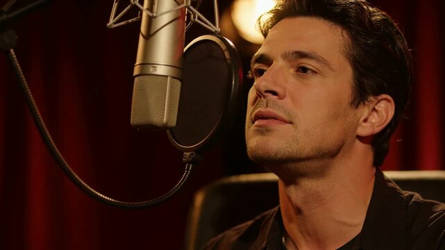 Inhaling vocalist wearing dark jacket holding note for studio recording with mic and pop filter