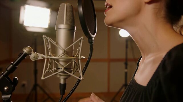 Singing woman inhaling and projecting into studio booth in dark top, recording vocals with mic