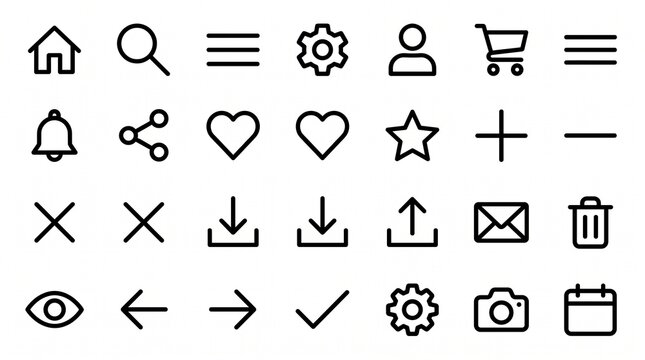 UI icon set &mdash; home, search, menu, settings, user, notifications, cart, heart, share, and more, arranged in a clean grid representing digital navigation and interaction.