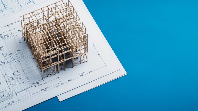 Quiet Daybreak Within a Steel Structure Design Review: Building Frame Axonometric Drawing Beside Steel Model Structu &acirc;&euro;&ldquo; Skyline Study 3