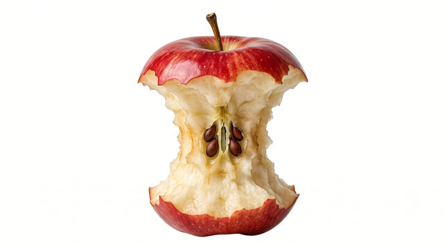Ultra-realistic partially eaten red apple core with remaining red peel, exposed pale flesh, visible seeds and realistic bite marks, detailed organic texture, centered isolated food object