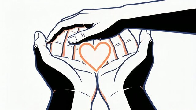 Entering dark hand moving down, shielding cupped palms and orange heart on white backdrop