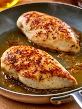 Chicken breasts cooking in frying pan with spices