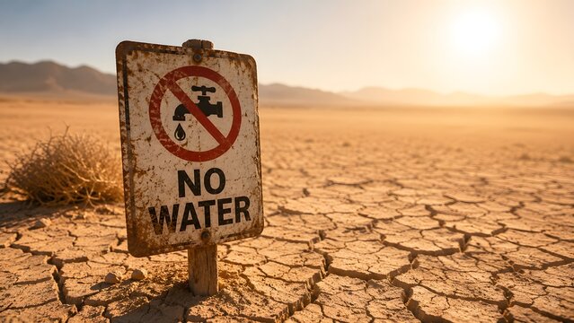 Rusty no water warning sign standing on cracked dry desert land representing global warming and extreme drought conditions