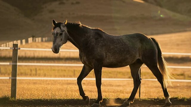 Walking dapple-gray horse responding to low sun, moving past three-line fence, kicking dust puffs