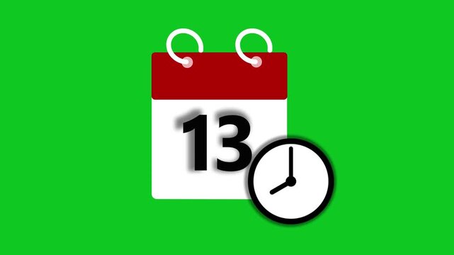 13 dates on the calendar page animation. Wall Clock timer icon 4k video.