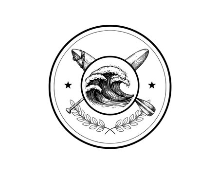 Maritime sport badge with a central ocean wave crossed oars and decorative stars in circular frame