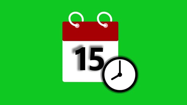 15 dates on the calendar page animation. Wall Clock timer icon 4k video.