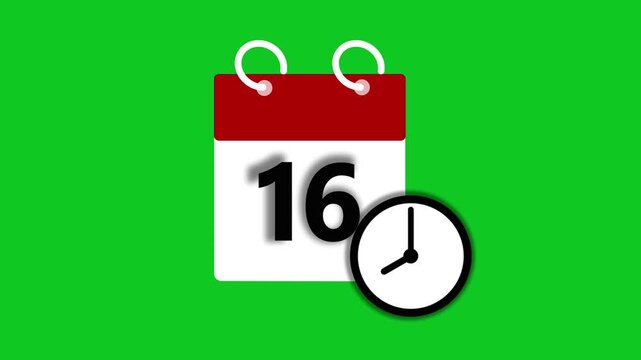 16 dates on the calendar page animation. Wall Clock timer icon 4k video.