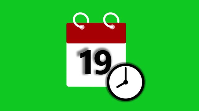 19 dates on the calendar page animation. Wall Clock timer icon 4k video.