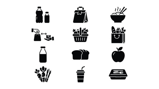 Collection of black and white food and grocery shopping icons with transparent background