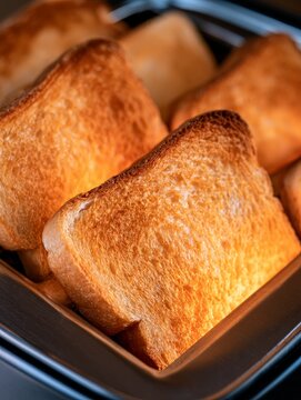 Golden brown toast slices cooking in toaster
