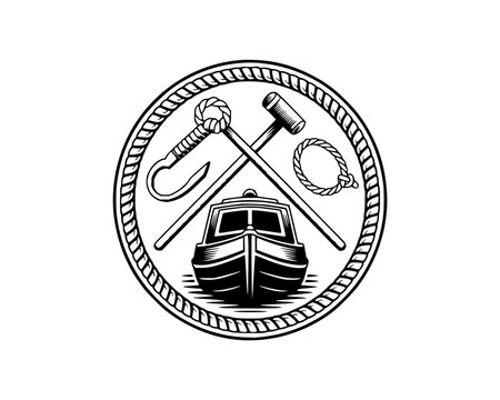 Maritime emblem with a boat and crossed tools including a hammer and hook with a rope border
