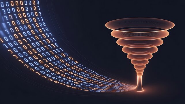 Data filtering and processing concept with a glowing digital funnel collecting binary code streams representing big data analytics and information