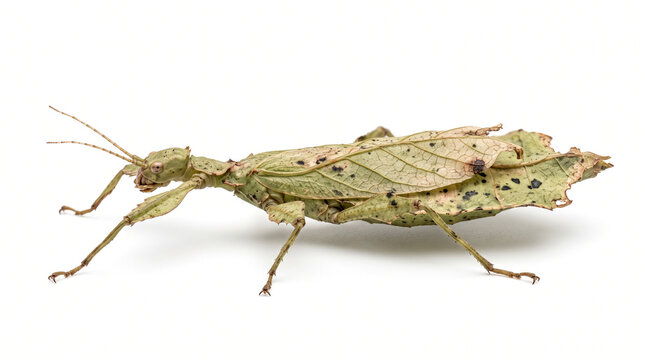 Ultra-realistic green leaf insect resembling a natural dried leaf, elongated body, delicate articulated legs, fine antennae and detailed veined wings, excellent camouflage texture
