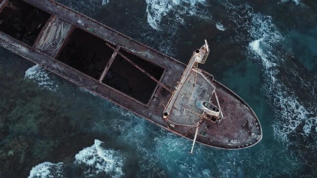 Aerial drone footage captures a decaying shipwreck partially submerged in dark, choppy ocean waters with visible waves crashing against its hull. Coastal scene.