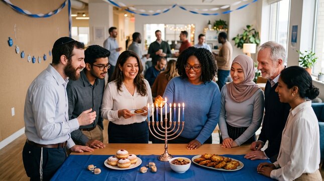 Diverse group of colleagues celebrating Hanukkah lighting menorah in office with food and dreidels