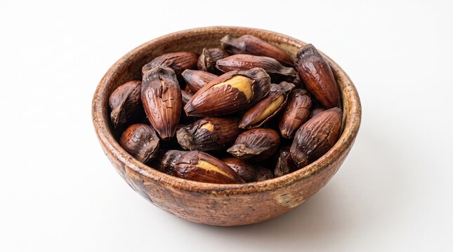 Close up of roasted pili nuts in a rustic ceramic bowl on a white background