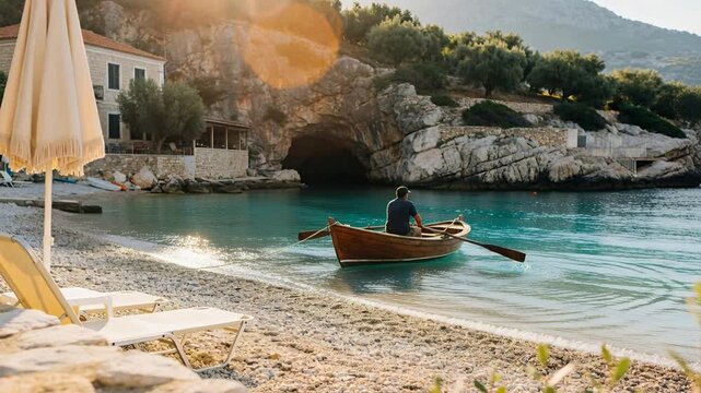 Rowing man in dark shirt and shorts pushing oared wooden rowboat from pebble beach for leisure