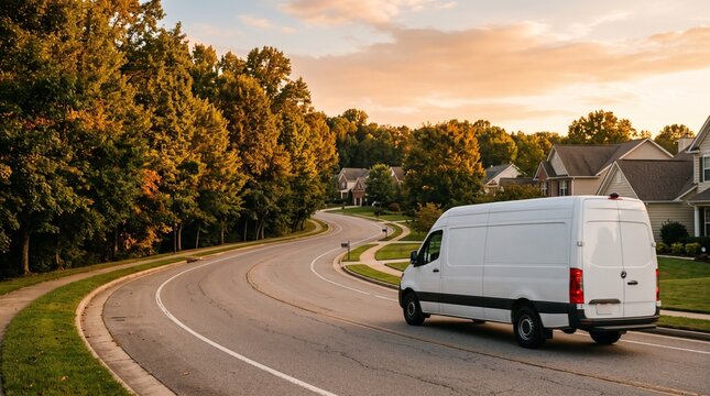 White cargo van drives on a winding suburban road lined with trees during a golden hour sunset