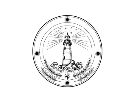 Hand drawn nautical logo with lighthouse on waves surrounded by circular celestial frame