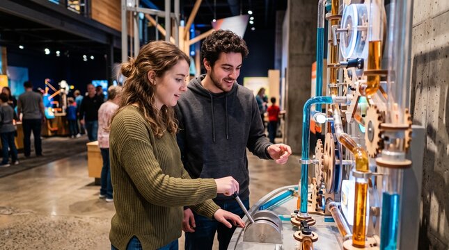 Young couple interacting with a science exhibit featuring colorful liquid tubes and gears at a museum