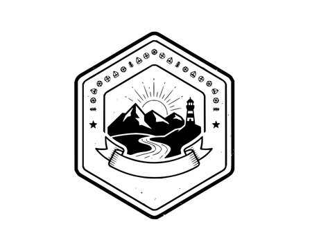 Bold nature emblem with mountain landscape river and lighthouse inside hexagonal border