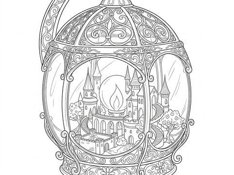 Intricate coloring page featuring a magical castle inside an ornate glass lantern, detailed fantasy architecture with spiral staircases and a glowing orb