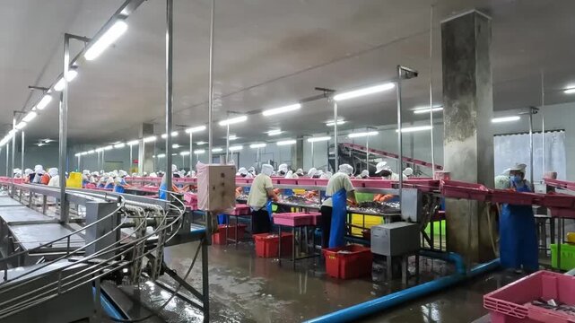 Fish Processing Factory: A busy fish processing plant with workers in a large factory hall, busy with seafood production and distribution, clean and hygienic