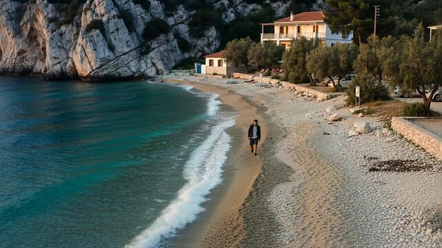 Walking man in hoodie heading along pebble shore by turquoise sea for morning stroll