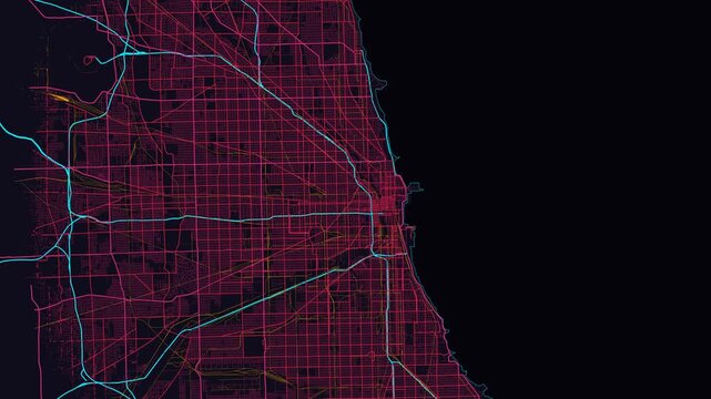Chicago Metro Illinois Street Map Motion Background Futuristic Cyber Glow Grid