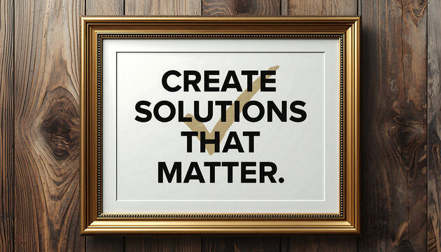 Framed motivational quote hanging on a wooden wall delivers an inspirational message about creating meaningful solutions for business success.
