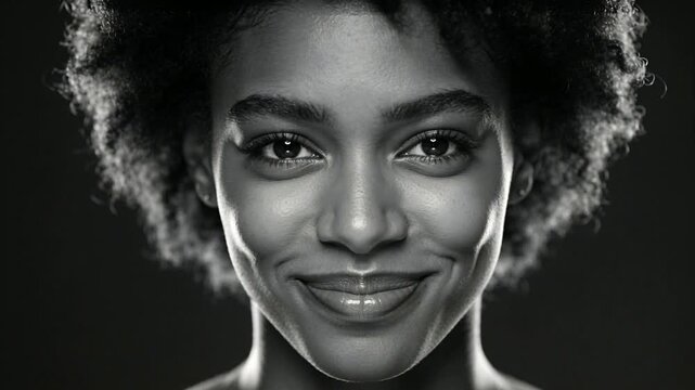 Smiling female model responding to photographer's prompt at studio, with lighting and dark backdrop