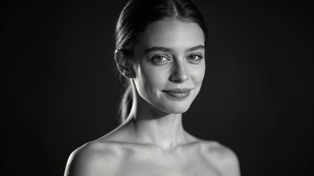 Smiling woman progressing to warm smile after camera cue in dark studio, lights, bare shoulders