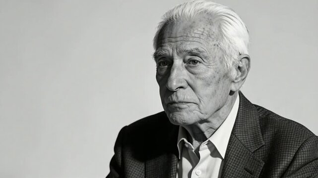 Listening senior man speaking after offscreen question in studio gray backdrop in blazer