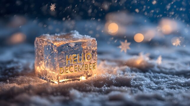 Glowing ice block with HELLO DECEMBER text on snowy night