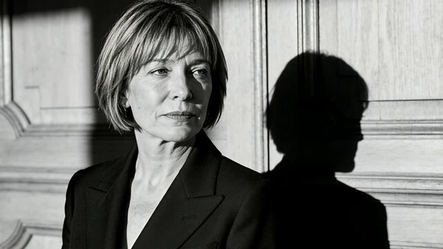On cue, turning woman in dark blazer shifting gaze to camera at paneled wall profile shadow